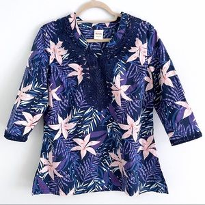 Tropical Print Tunic Blouse with Long Sleeves in Cotton for Cruise Vacations
